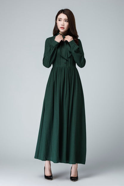 Green Tie-Neck Maxi Dress in Linen-Cotton Blend 1455