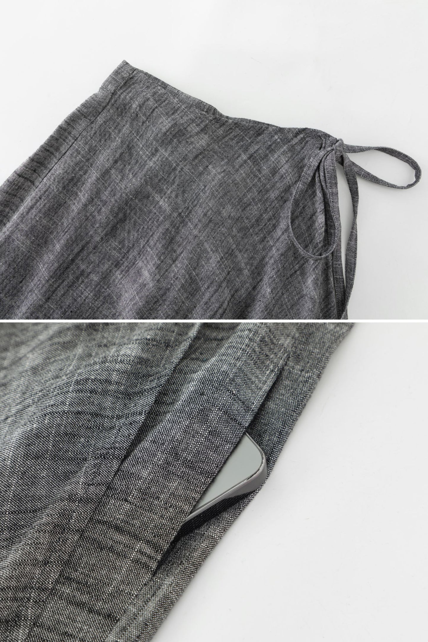 Grey Linen Cotton Maxi Skirt - Wrap Tie Side, Elastic Waist 6081