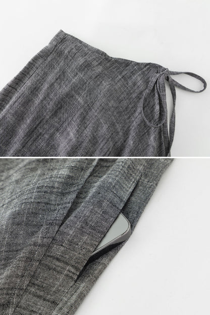 Grey Linen Cotton Maxi Skirt - Wrap Tie Side, Elastic Waist 6081