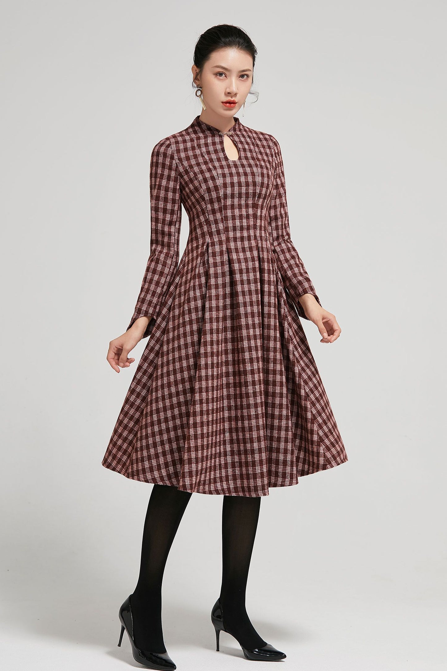 Mandarin collar plaid winter wool dress women 2295