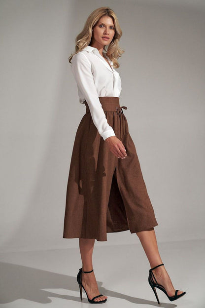 Brown Wool Midi Skirt - High Waist Elegant Silhouette TT0143