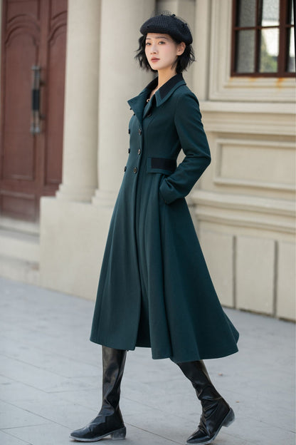 Dark Green Wool Fit and Flare Coat - Double Breasted, Fitted Waist 5462