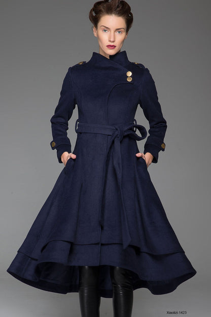 Navy Wool Coat - Asymmetrical Hem & Stand Collar 1423