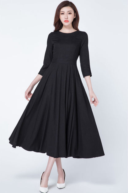 Black Linen Midi Dress - Fit and Flare Silhouette with Pockets 1728
