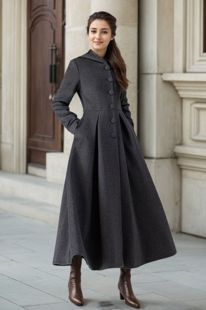 Dark Grey Wool Coat - Long Swing with Hooded Neck 4507