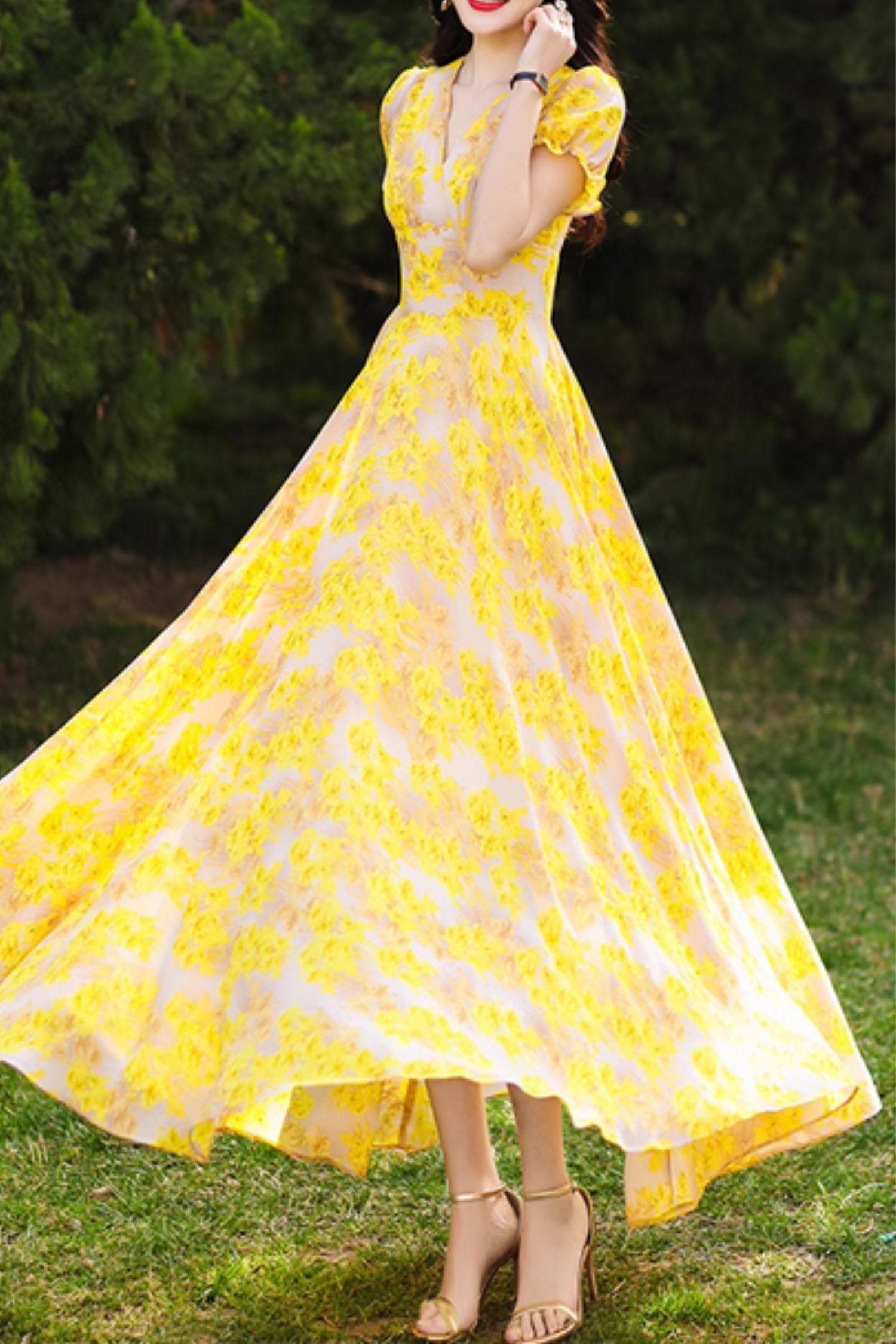 yellow chiffon floral dress Alie Street Marissa Dress Saffron Yellow Bloom