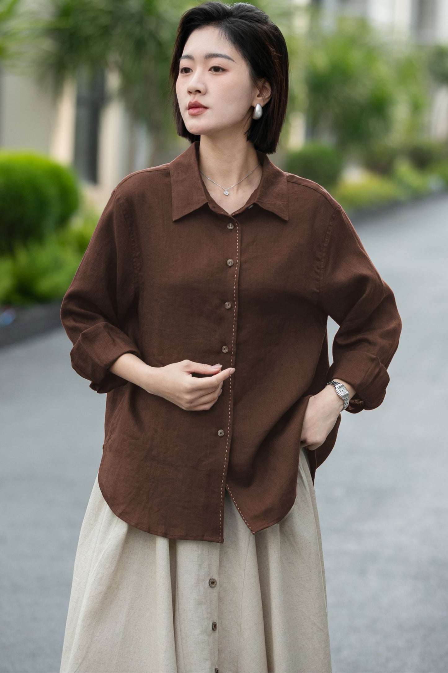 Chocolate Brown Linen Blouse – Relaxed Fit Button-Up Shirt for Women 6677