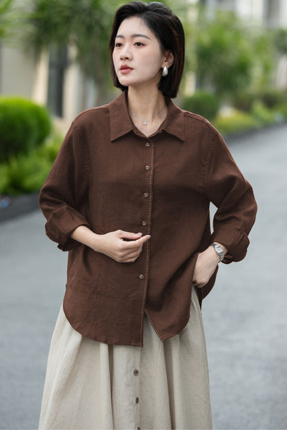 Chocolate Brown Linen Blouse – Relaxed Fit Button-Up Shirt for Women 6677