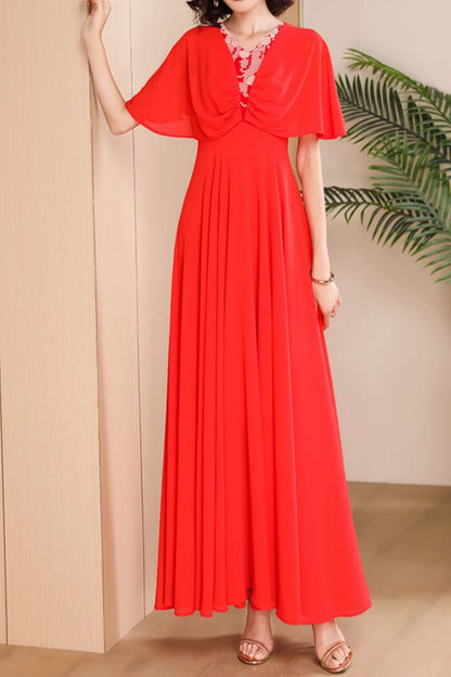 Red Chiffon Maxi Dress - V-Neck Flowy Silhouette 5048