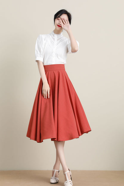 Orange Cotton Midi Skirt - High Waist Retro Circle Swing | Xiaolizi 3312