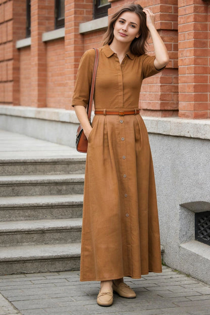 Yellow Linen Maxi Skirt - High Waist A-Line | Xiaolizi 6767