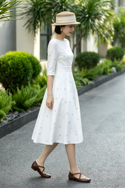 White Linen Cotton Midi Dress – Vintage Fit & Flare with Pockets 6785