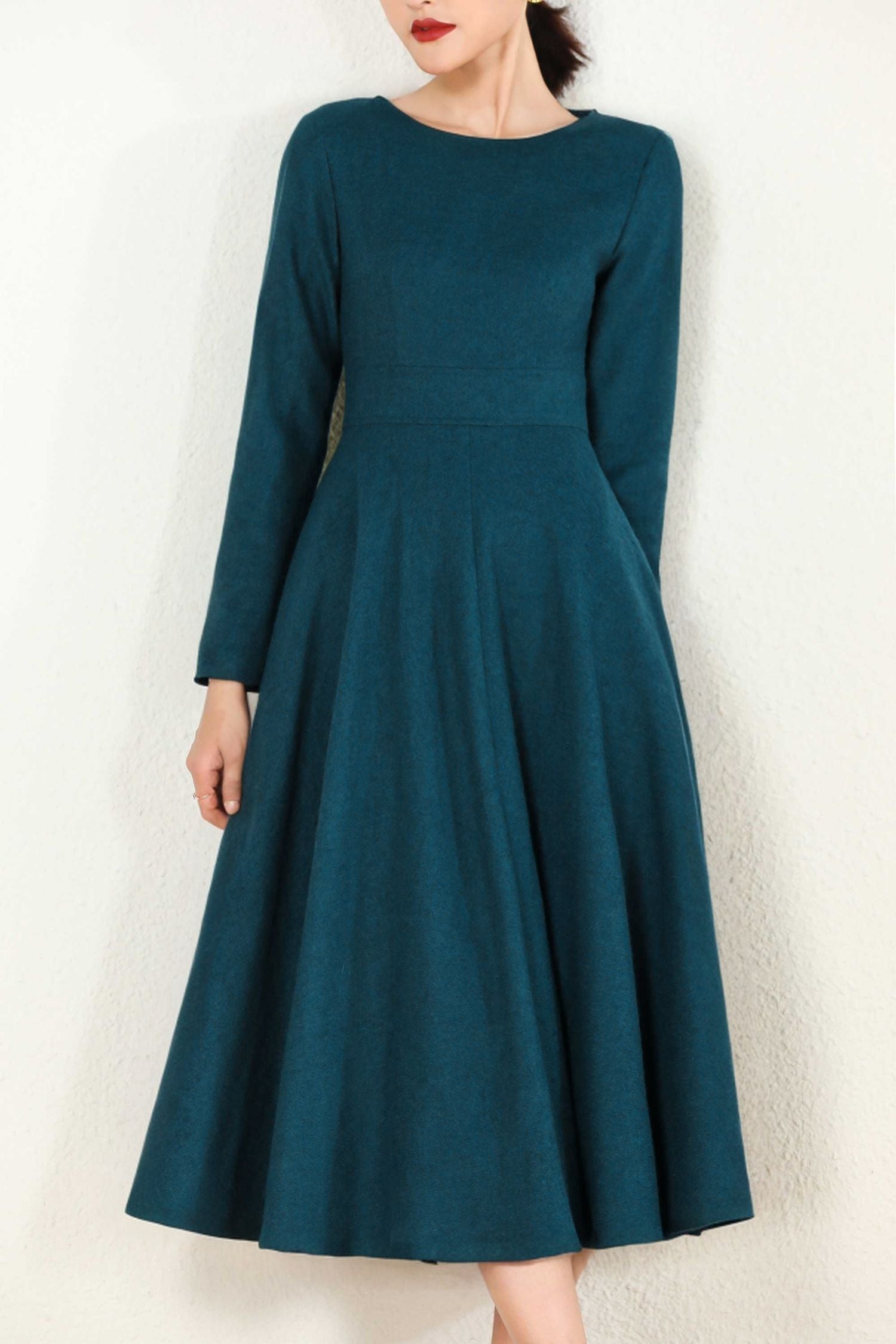 Handmade Teal Blue Wool Midi Dress Long Sleeve Fit and Flare | Xiaolizi 5253 Green / M Handmade Teal Blue Wool Midi Dress Long Sleeve Fit and Flare | Xiaolizi 5253 Green / M