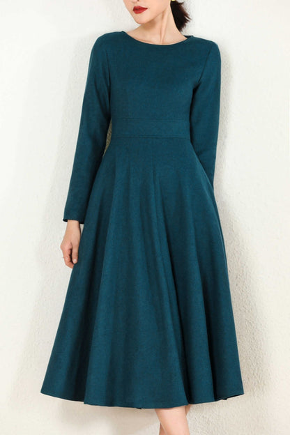 Teal Wool Midi Dress - Fit and Flare Silhouette with Long Sleeves 5253