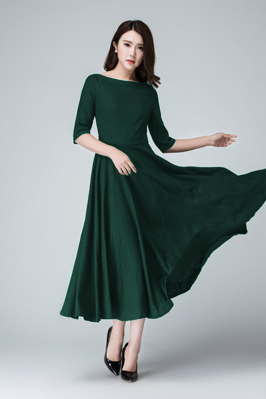 Green Linen Midi Dress with Pockets – Vintage Fit & Flare | Xiaolizi 6282