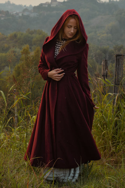 Burgundy Hooded Wool Coat – Handmade Long Belted Wool Winter Overcoat for Women 6546