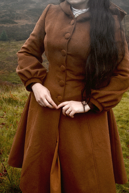 Brown Wool Blend Long Coat - Hooded with Lantern Sleeves 4736