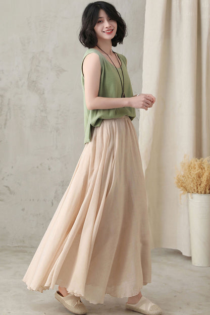 Handmade Linen Maxi Skirt Beige – High-Waist Flowy Circle Hem – 2820