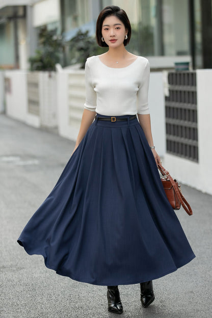 Navy Pleated Maxi Skirt – High Waist A-Line Work Skirt with Pockets 6663 -Size xs #CK2600017