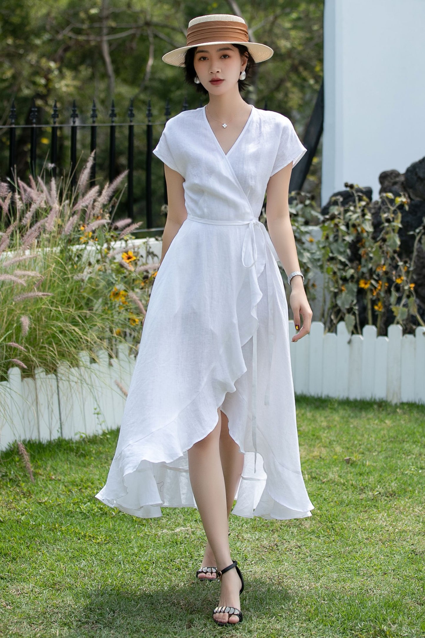 White Linen Wrap Dress - V-Neck Ruffle Hem | Xiaolizi 6743