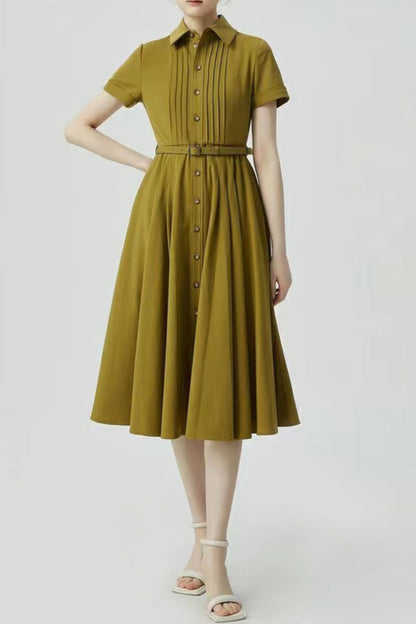 Charcoal Polyester Midi Shirt Dress - Button Front with Belted Waist HY0029