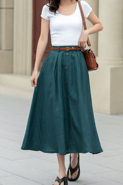 Dark Green Linen Midi Skirt - A-Line with Button Detail 4970