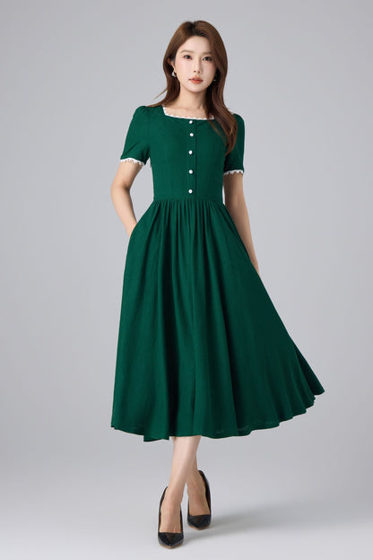 Emerald Linen Midi Dress - Square Neck Puff Sleeve | Xiaolizi 6760