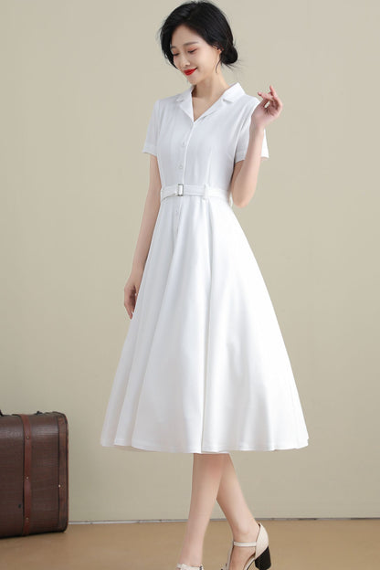 White Linen Cotton Swing Midi Dress - Notched Collar, Belted Waist 3271