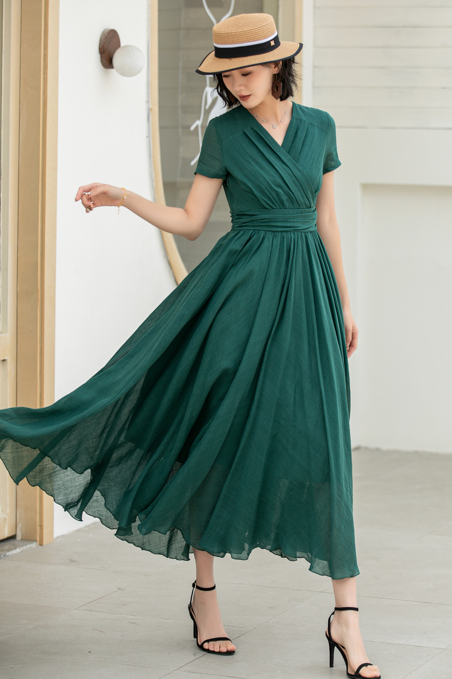 Green Maxi Pleated linen dress 5832 Xiaolizi Green Maxi Pleated linen dress 5832 Xiaolizi