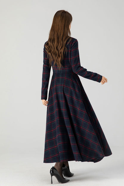 Handmade Navy Red Plaid Wool Maxi Dress – Long Sleeve Fit and Flare | Xiaolizi 5266