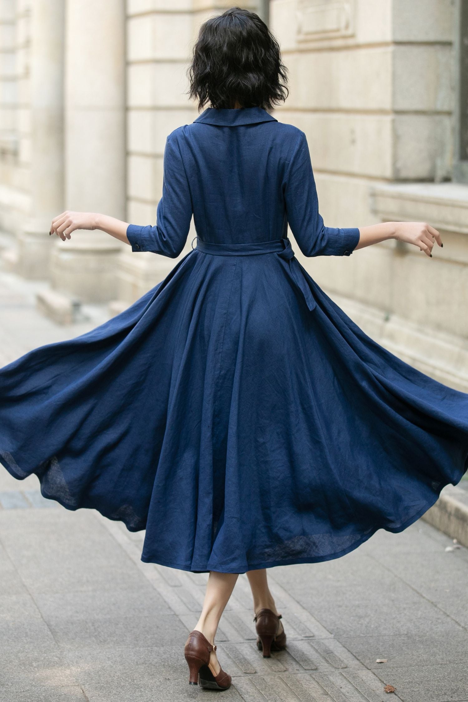 Navy Linen Shirt Dress for Women, Xiaolizi Belted A-Line Dress 5682 - Navy / XS Navy Linen Shirt Dress for Women, Xiaolizi Belted A-Line Dress 5682 - Navy / XS
