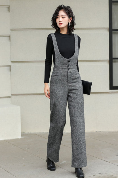 Gray Wool Suspender Pants - Tailored Wide Leg Elegance 6428