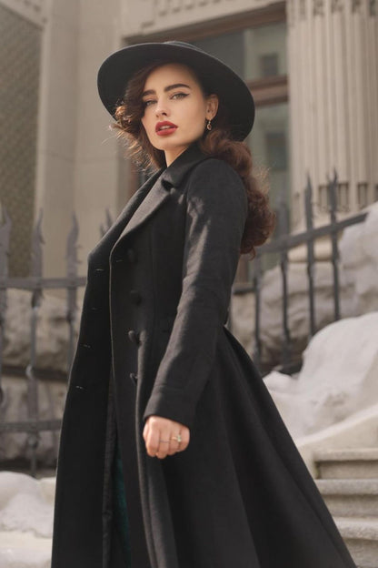 Black Wool Maxi Coat – Vintage Double Breasted Long Winter Overcoat  2743