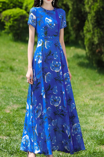 Blue Polyester Chiffon Maxi Dress - Floral Print Patchwork Ankle-Length 4992