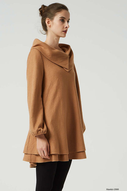 Vintage Wool Tunic Dress – Camel Brown with Asymmetrical Collar – 2066