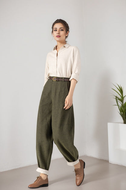 Olive Green Ankle Length Linen Blend Tapered Pants 5903