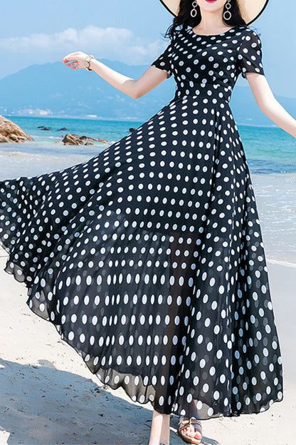 Black and White Polka Dot Chiffon Maxi Dress - Flowy, Short Sleeve HY0030