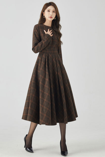Long Sleeve Plaid Midi Wool Dress 5406