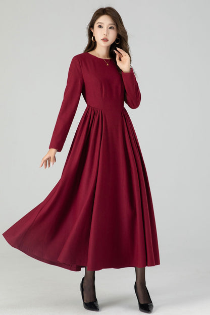 Burgundy Wool Maxi Dress - Fit and Flare Silhouette with Pleated Waist 4545