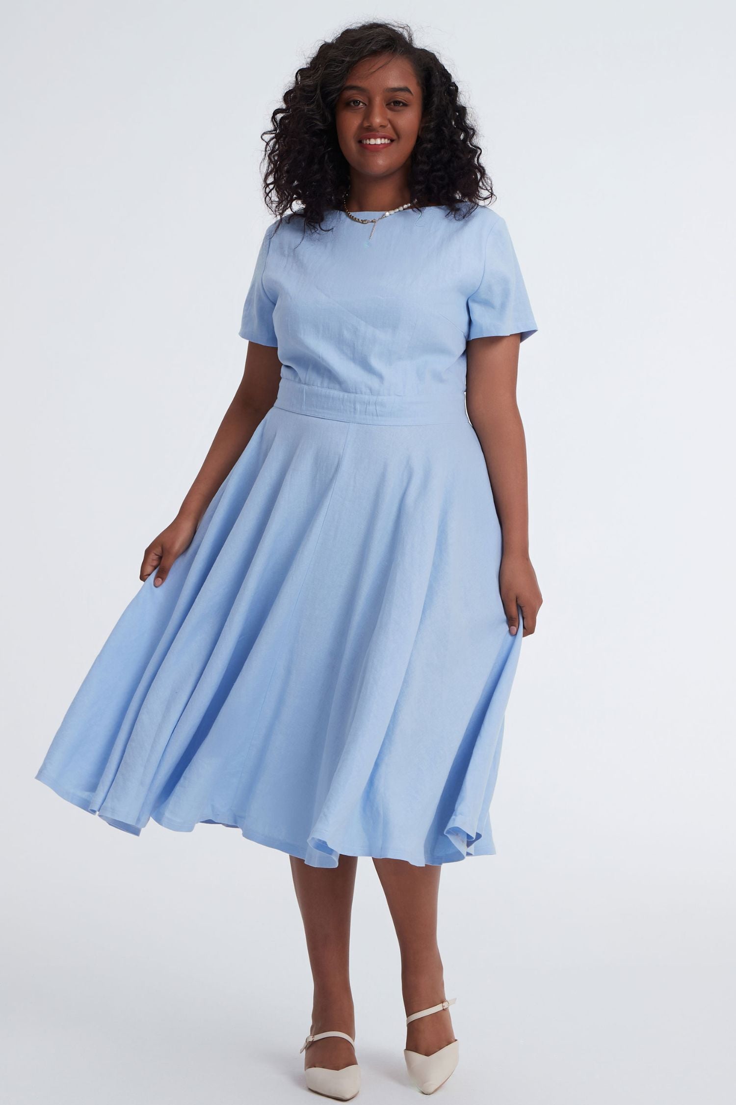 Plus size Blue Linen swing dress 3401 - Blue / XS Plus size Blue Linen swing dress 3401 - Blue / XS