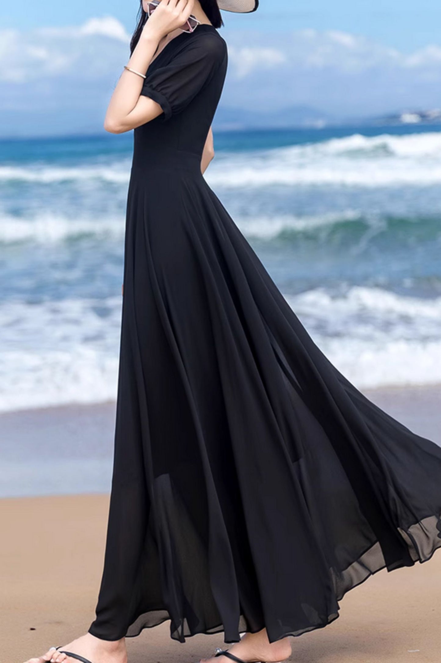 Fit and flare black maxi swing summer chiffon dress 5153