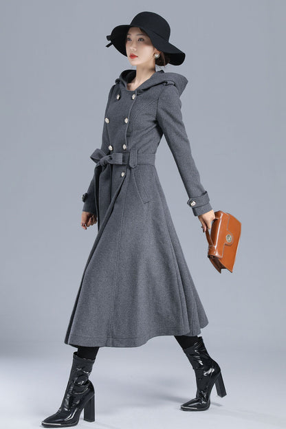 Gray Wool Coat Midi with Hood - Double Breasted Military Style 3213
