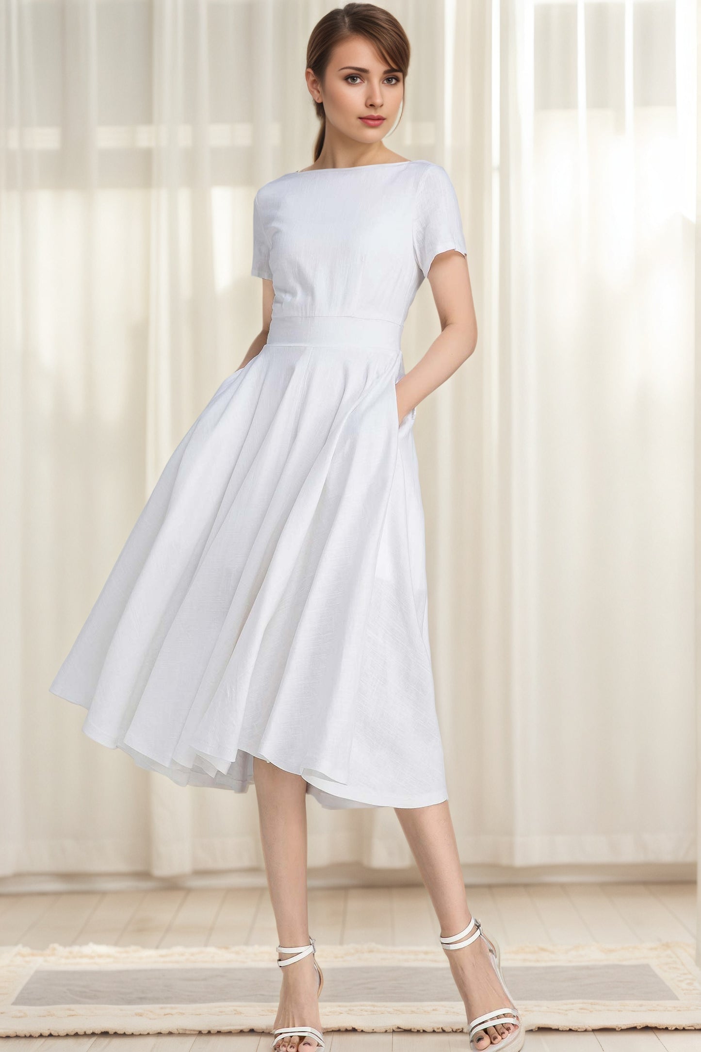 Little White Linen Swing Dress – Boat Neck Fit and Flare Midi 6627