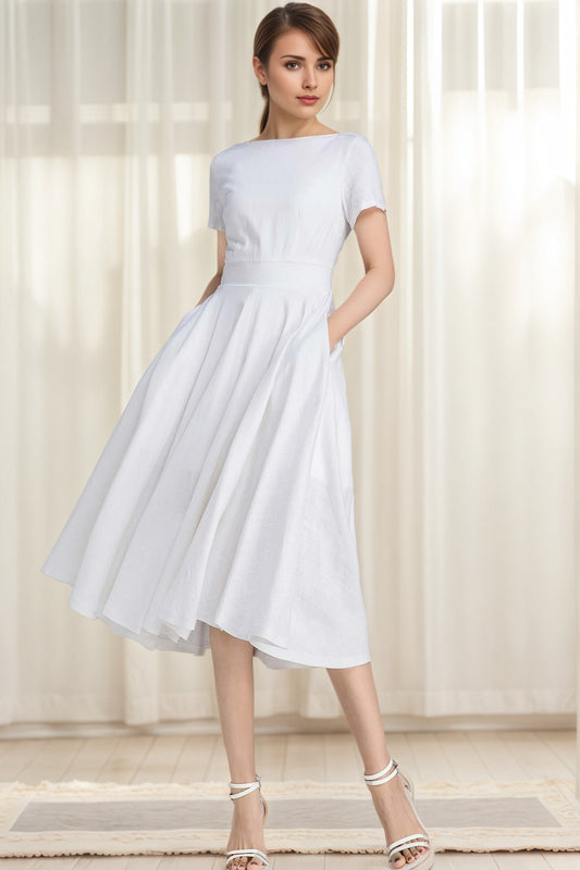 Little White Linen Swing Dress – Boat Neck Fit and Flare Midi 6627