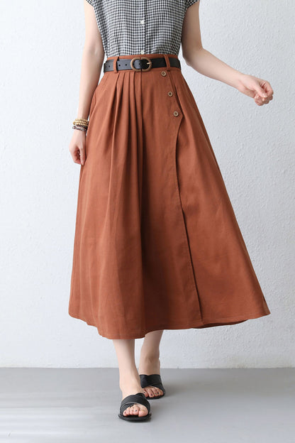 Orange Linen Cotton Midi Skirt - High Waist with Side Pockets 2887
