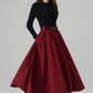 Burgundy Wool Midi Skirt – Vintage Button Front High Waisted Winter Skirt with Pockets 6395