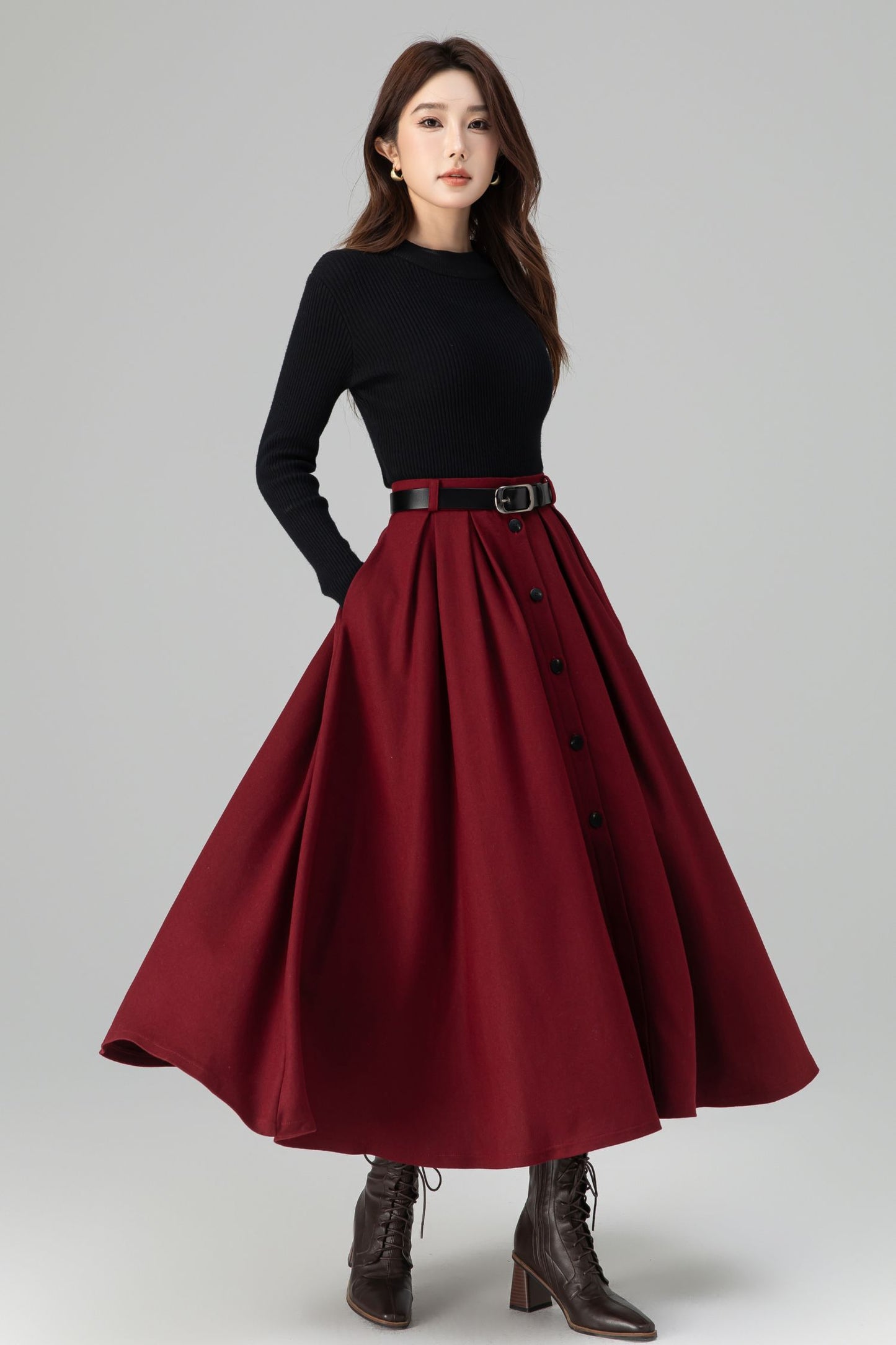 Burgundy Wool Midi Skirt – Vintage Button Front High Waisted Winter Skirt with Pockets 6395