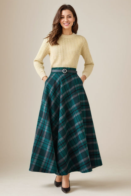 Green Plaid Wool Maxi Skirt – High Waist A-Line Winter Skirt with Pockets 5264