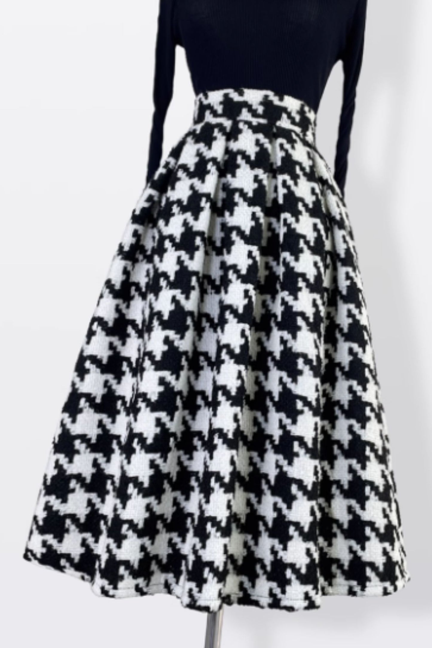 Black & White Houndstooth Wool Skirt – Vintage Swing Midi Winter Skirt | Xiaolizi 6596