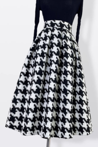 Black & White Houndstooth Wool Skirt – Vintage Swing Midi Winter Skirt | Xiaolizi 6596